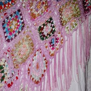 Vintage Pink handmade Shall with tassels. Embroidered with crystal beads.